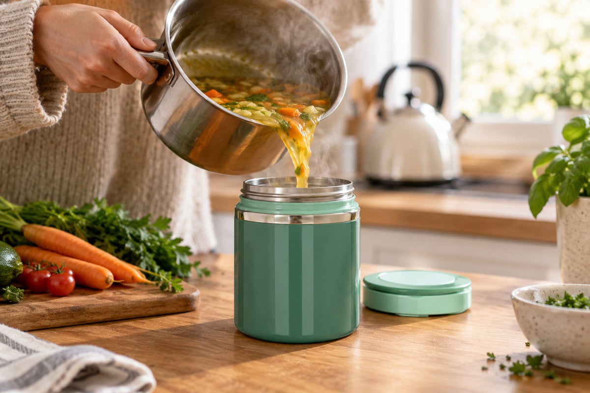 Soupe chaude versée dans une lunch box isotherme le matin pour garder son repas chaud jusqu'à midi Image