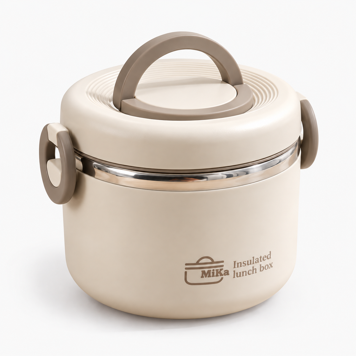 Lunch box isotherme beige fermée, vue de trois quarts