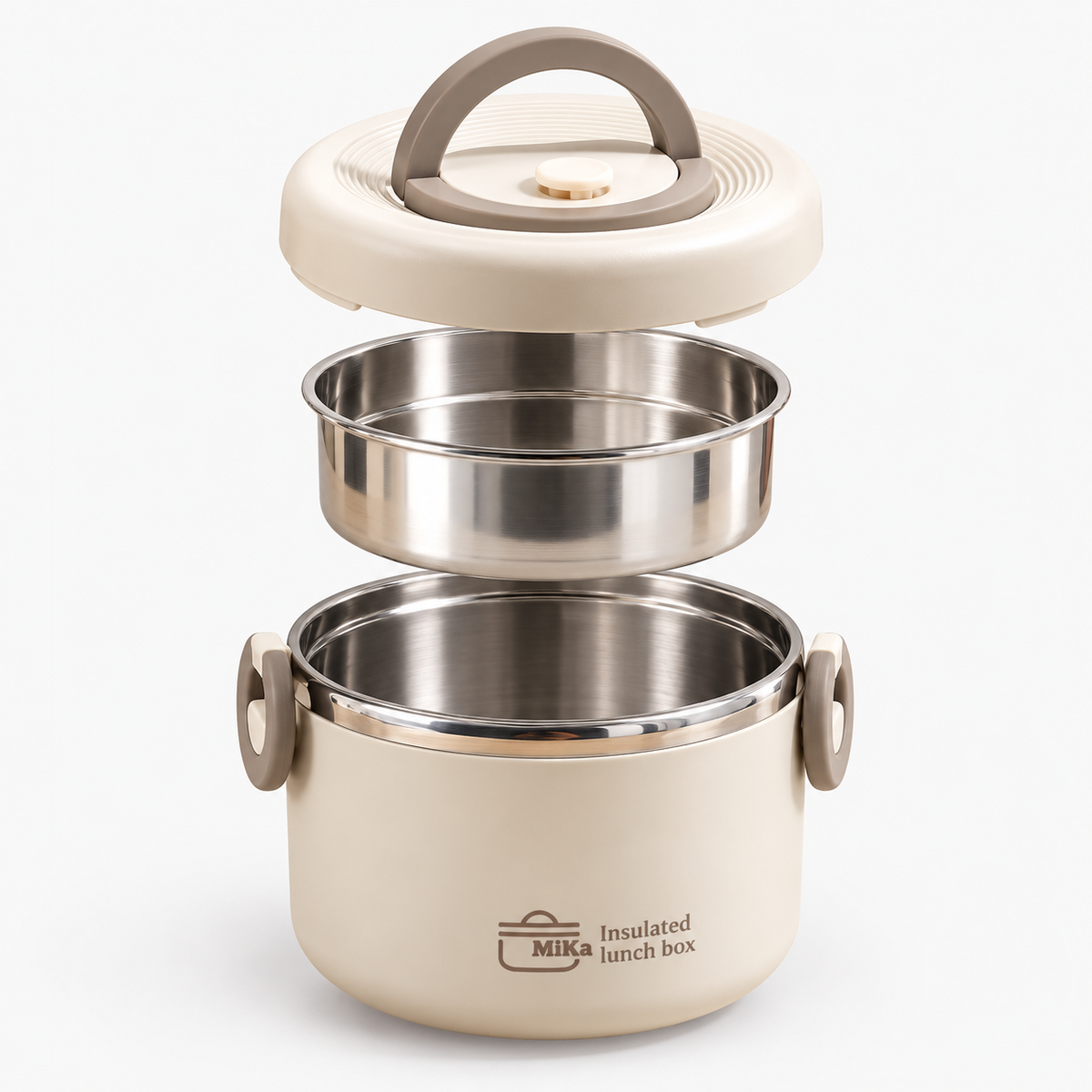Lunch box isotherme beige en vue éclatée : couvercle, bol supérieur et bol inox