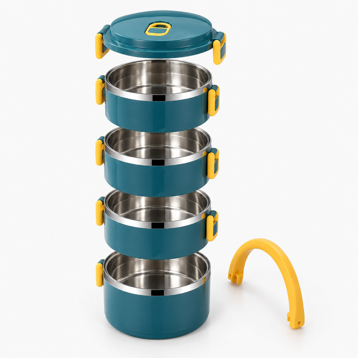 Lunch box grande capacité en vue éclatée : 4 bols inox, couvercle et poignée