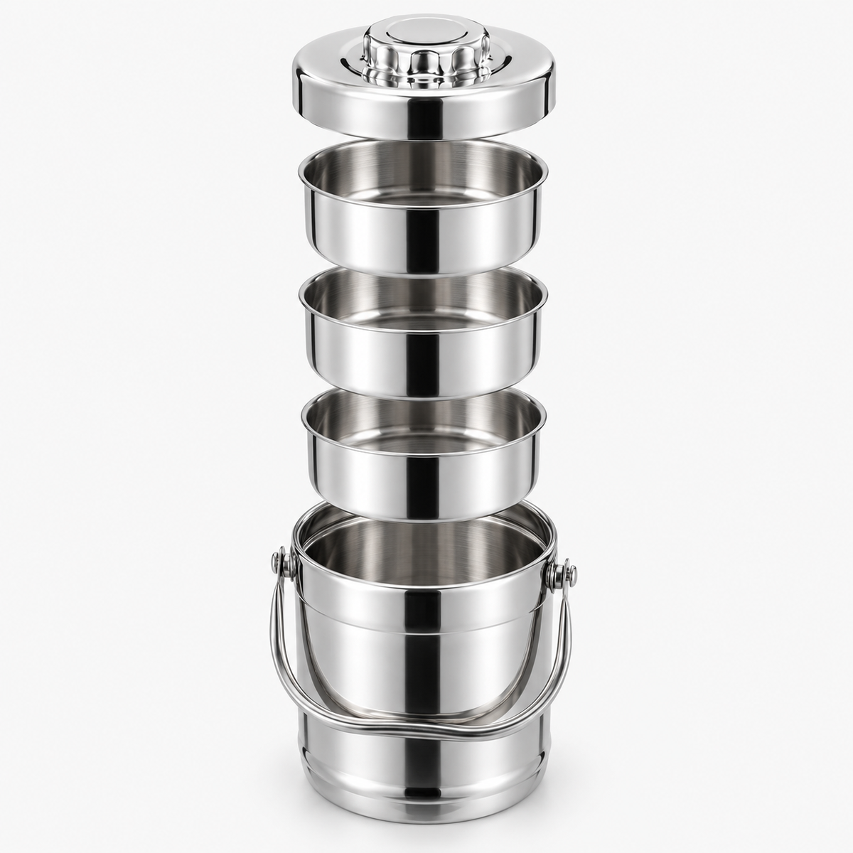 Porte-repas inox 2 L en vue éclatée : corps, 3 bols inox et couvercle