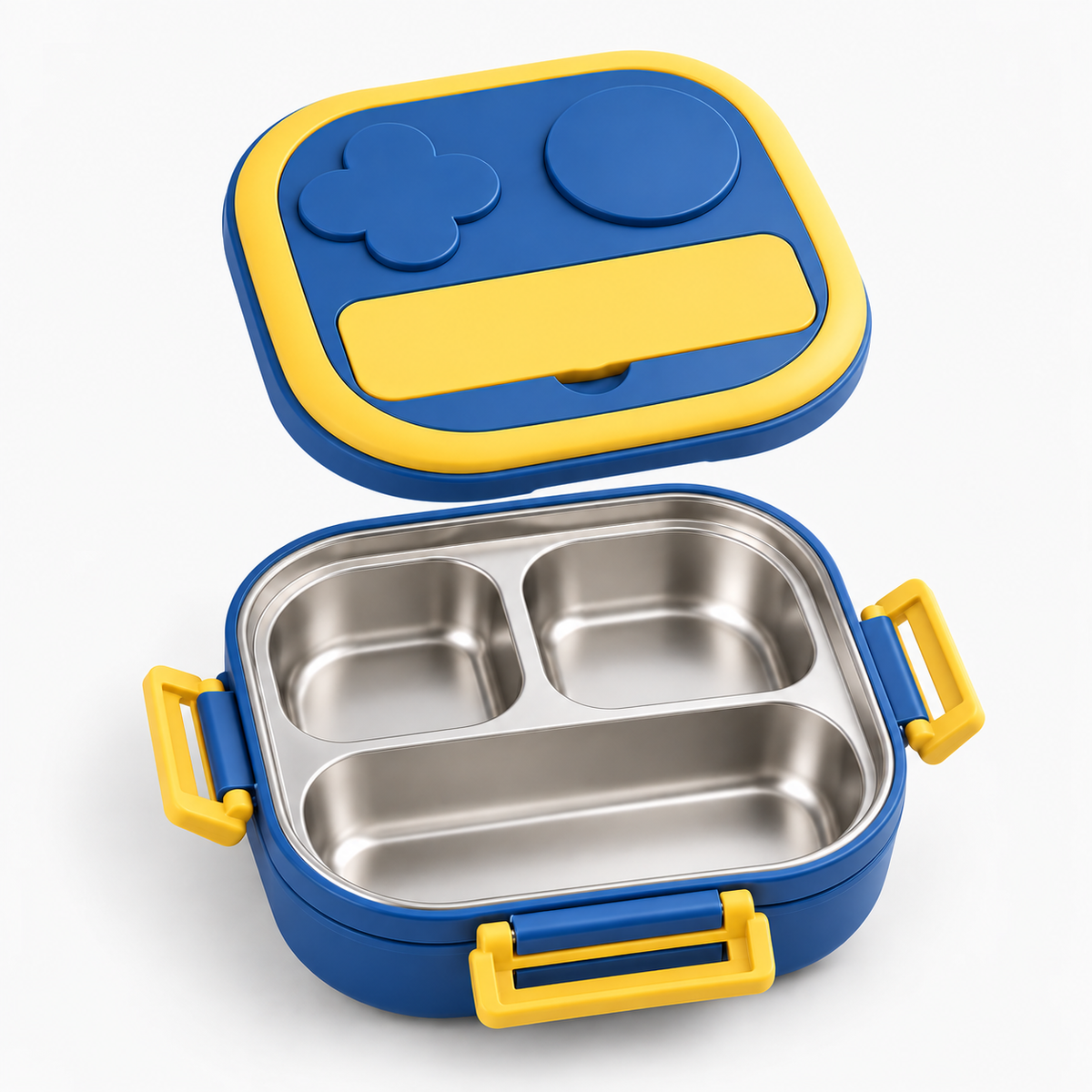 Lunch box isotherme enfant ouverte : couvercle et plateau inox à 3 compartiments