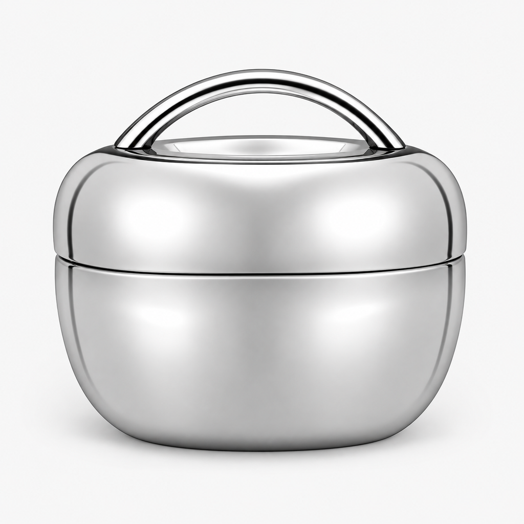 Lunch box isotherme inox ronde vue de face, poignée en inox