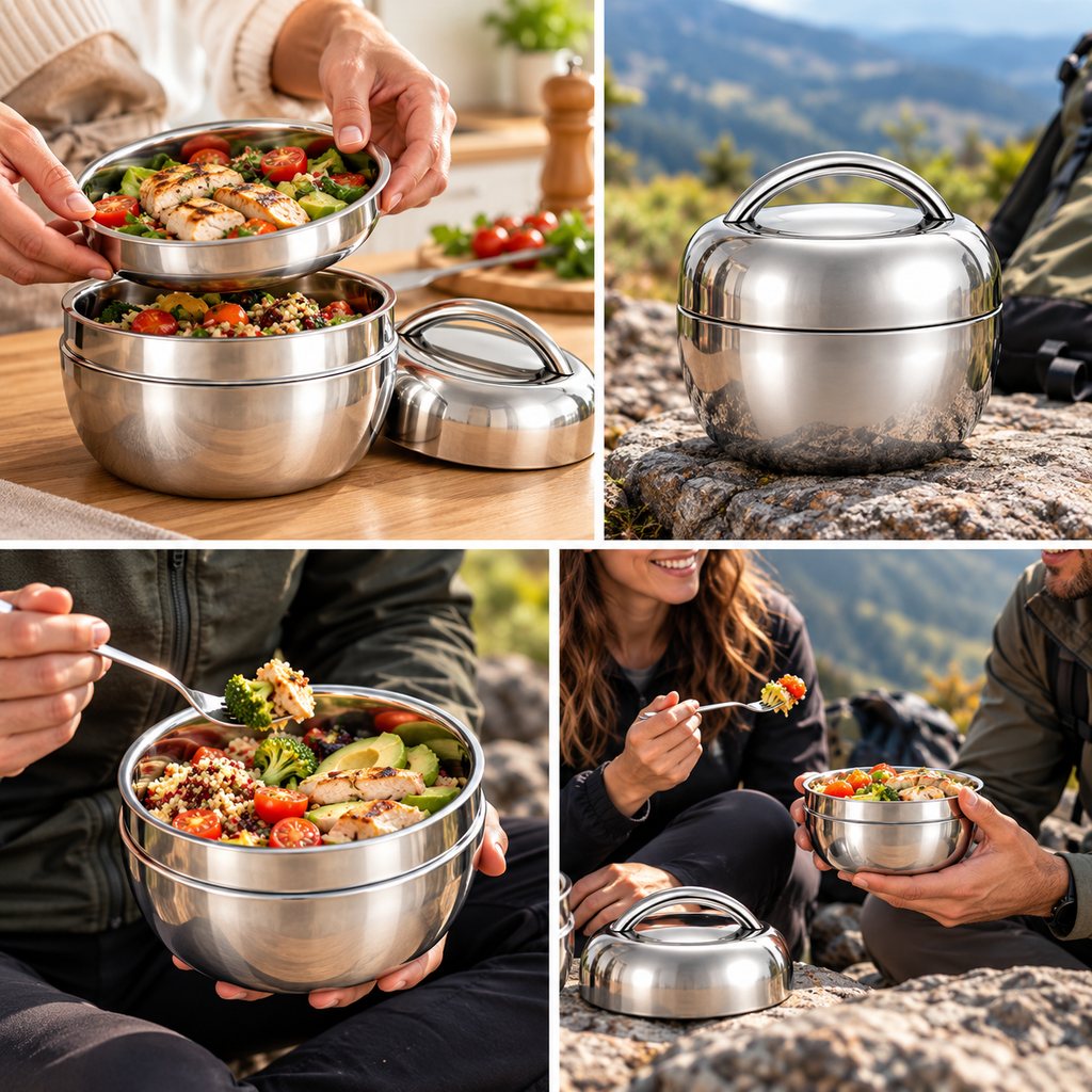 Lunch box isotherme inox utilisée à la maison, en randonnée et en pique-nique