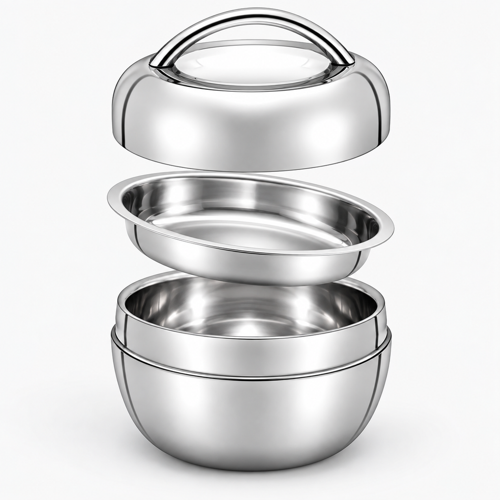 Lunch box isotherme inox en vue éclatée : couvercle avec poignée, plateau intérieur et cuve
