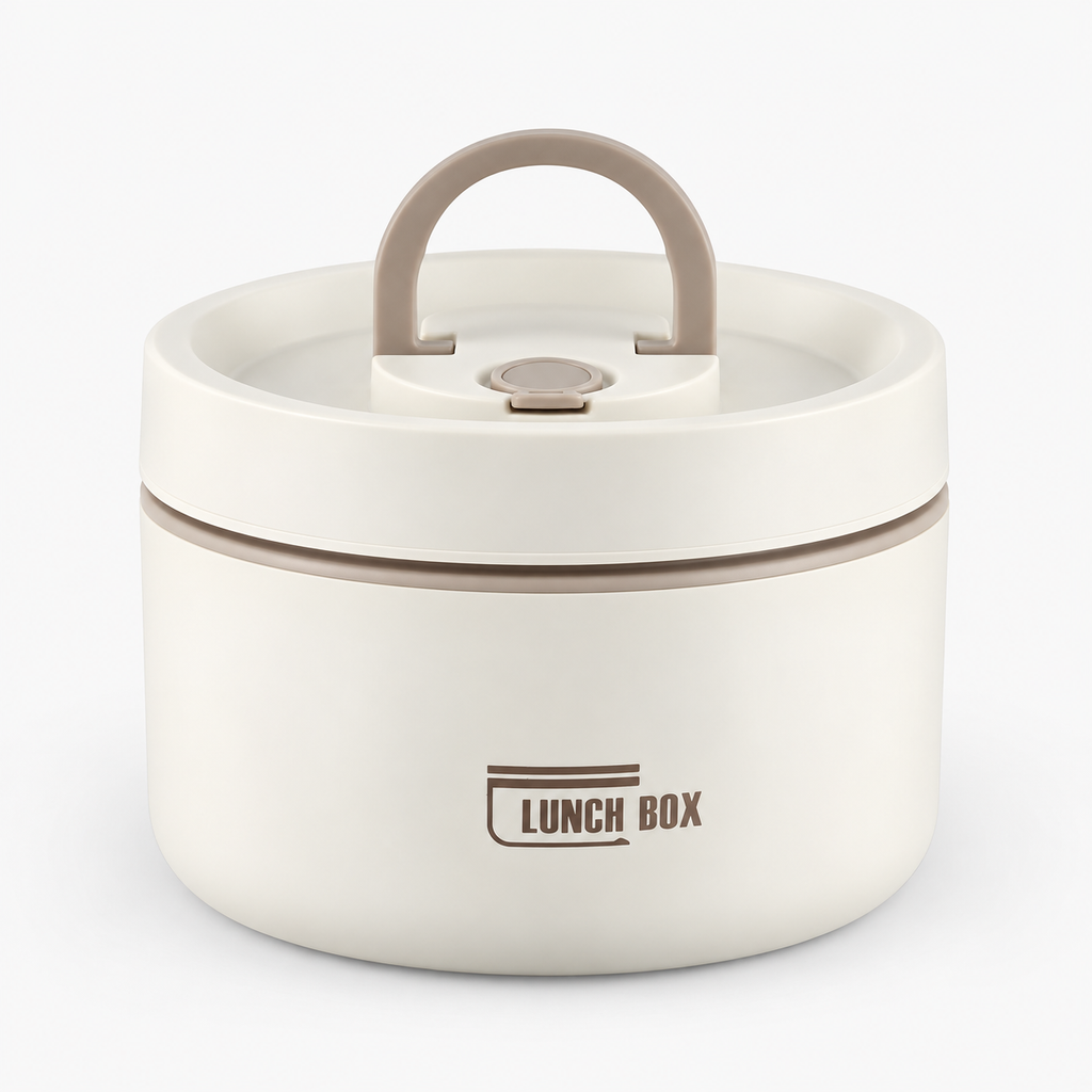 Lunch box isotherme portable ronde crème avec poignée, vue de face