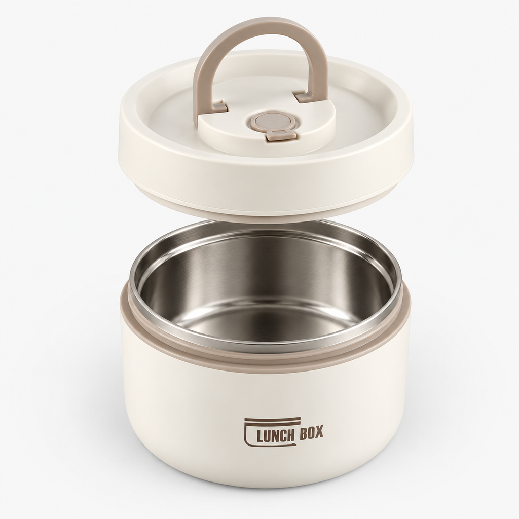 Lunch box isotherme portable ouverte : couvercle avec poignée et bol intérieur inox