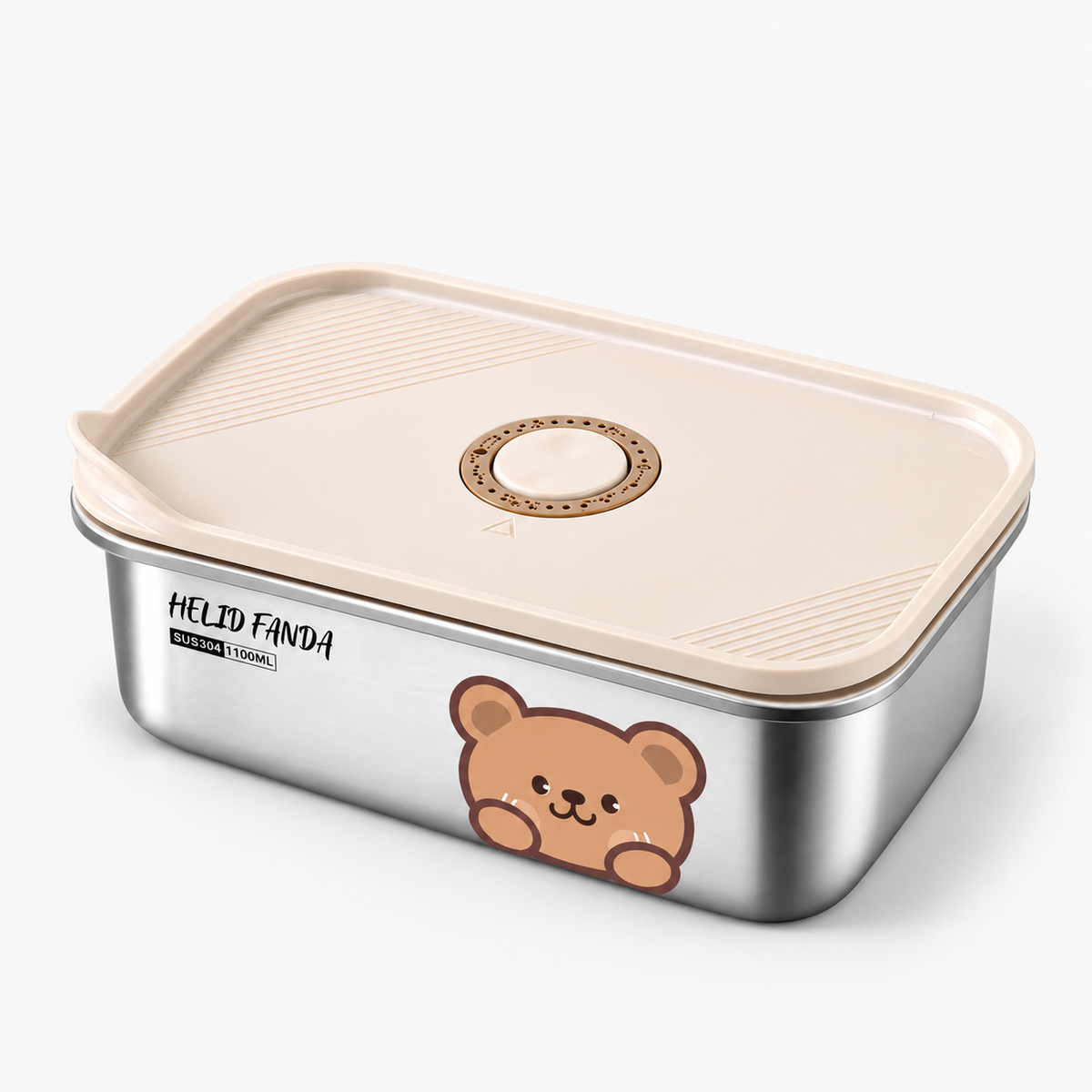 Boîte repas inox ourson fermée, vue de trois quarts