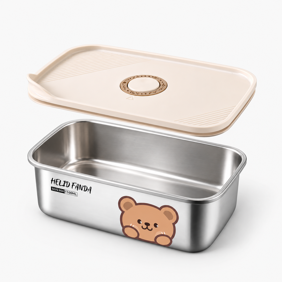 Boîte repas inox ourson ouverte : boîte et couvercle beige avec valve