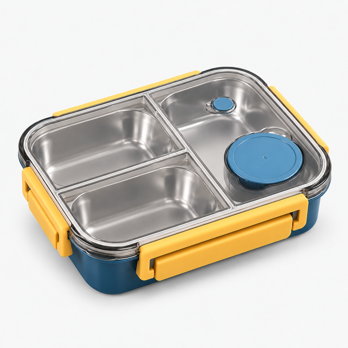 Lunch box rectangulaire inox fermée avec couvercle transparent et clips jaunes