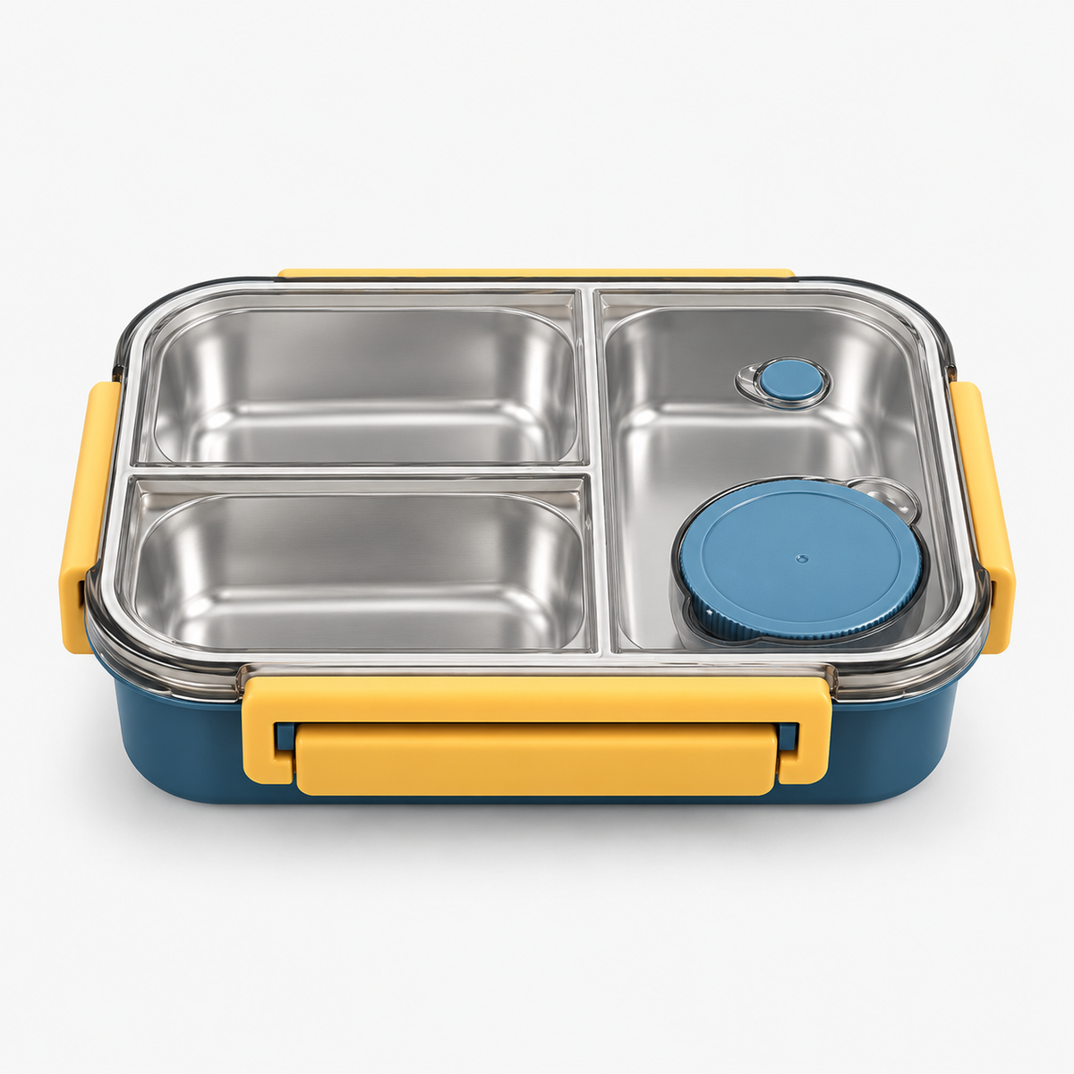 Lunch box rectangulaire inox bleue et jaune, 3 compartiments et pot à sauce