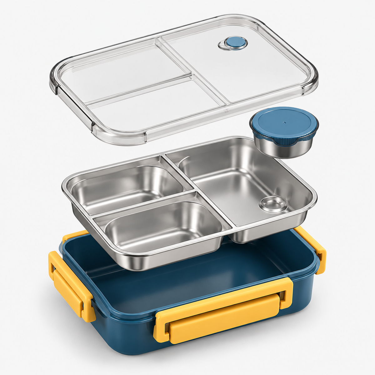 Lunch box rectangulaire en vue éclatée : couvercle transparent, pot à sauce, plateau inox et coque