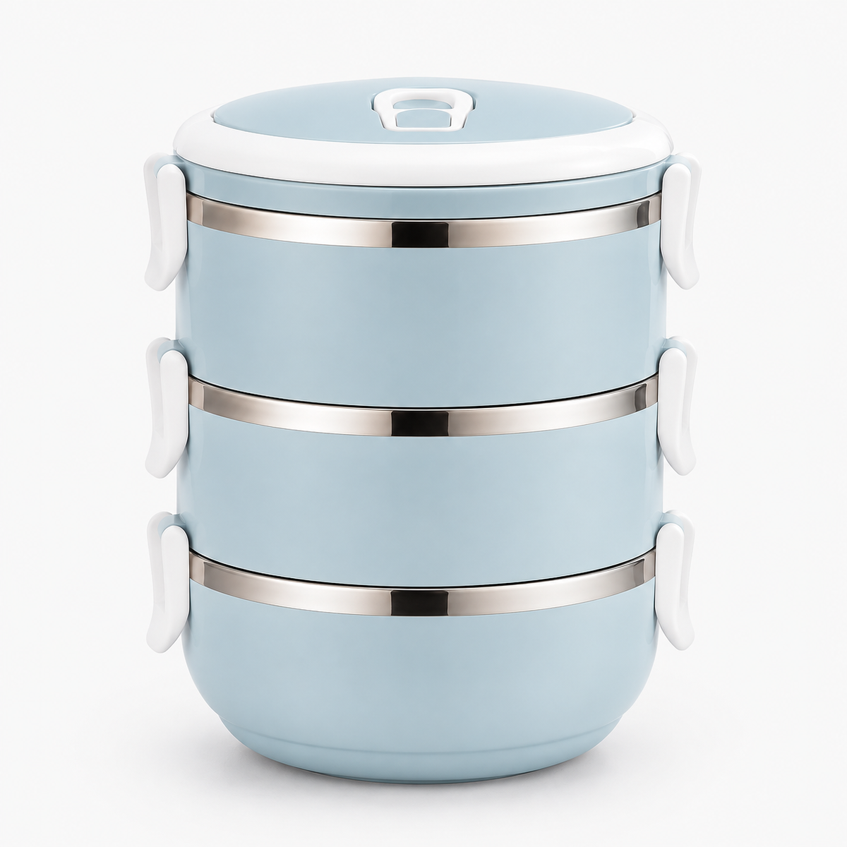 Lunch box isotherme ronde 3 étages bleu ciel, vue de face