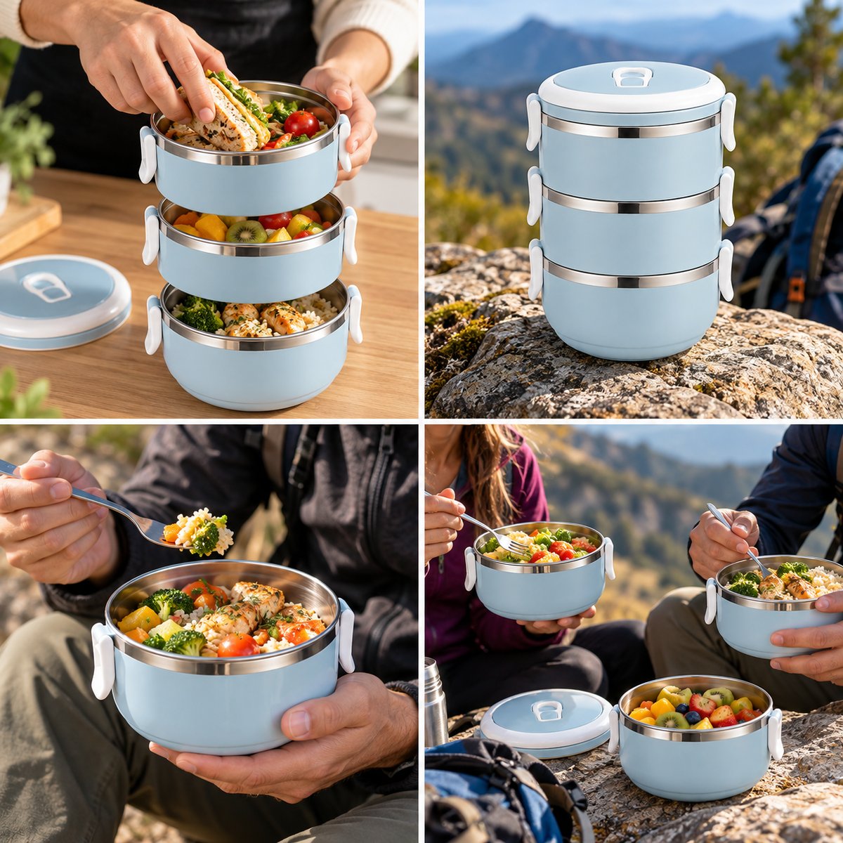 Lunch box isotherme ronde utilisée à la maison et en randonnée
