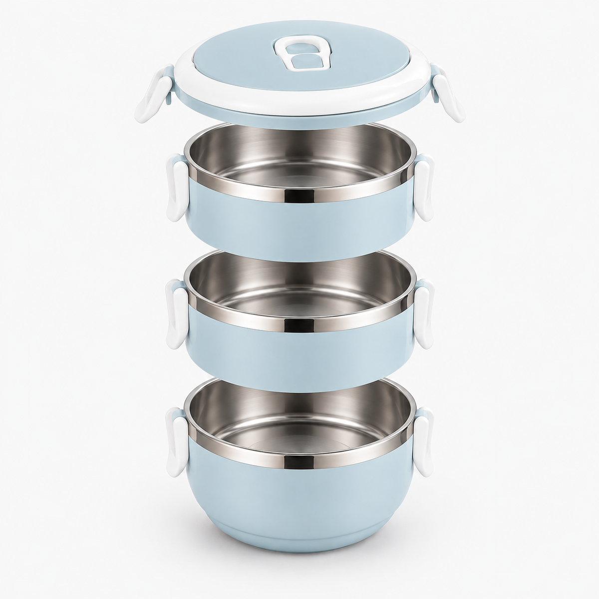 Lunch box isotherme ronde en vue éclatée : 3 bols inox et couvercle
