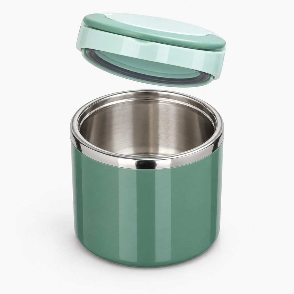 Lunch box isotherme soupe verte ouverte : couvercle et intérieur inox